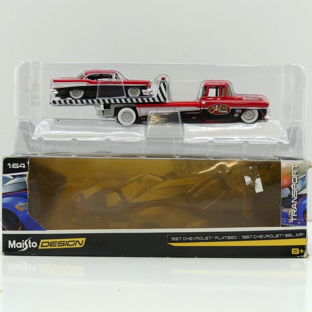 2018 Maisto 1:64 1957 Chevrolet Flatbed Tow Truck & Bel Air Diecast Set Toy